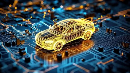 Futuristic neon wireframe car on an illuminated circuit board cityscape - Powered by Adobe