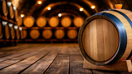 A wooden barrel sits in a rustic wine cellar surrounded by stacked barrels, highlighting a warm, inviting atmosphere.