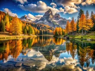 Obraz premium Antorno Lake Autumn Scenery: Breathtaking Mountain Lake Views, Dolomites Italy Hiking Trails, Fall Foliage Photography