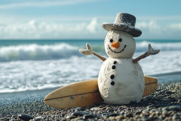 Christmas snowman made of sand by the ocean