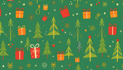 Colorful christmas gift and trees pattern illustration, retro style