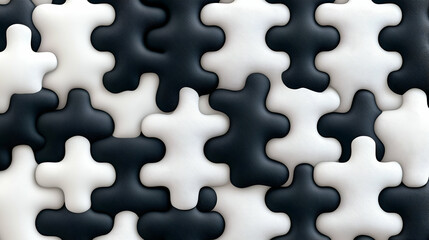 Abstract puzzle pieces in black and white create a visually striking pattern, emphasizing contrast and design.