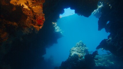 Light streams through an opening in a coral reef, illuminating the blue water below. Raja Ampat, Indonesia