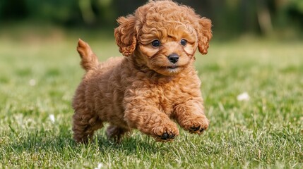 Fototapeta premium Cockapoo puppy running in a sunny garden with dandelions and cinematic lighting. AI generated image