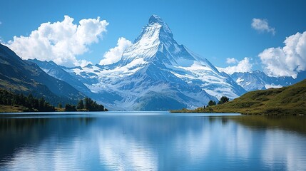 Naklejka premium Majestic Snowy Mountain Peak Reflected in Serene Alpine Lake Under Bright Blue Sky