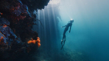 Freediver gracefully descending along a vibrant reef wall bathed in sun rays. Raja Ampat, Indonesia © Dudarev Mikhail