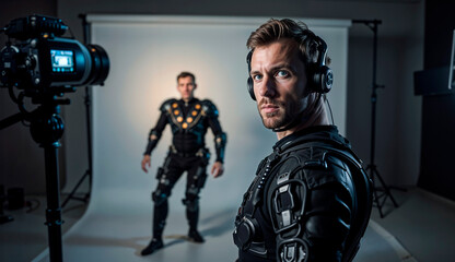 Man in motion capture suit with sensors, capturing full-body movement in a high-tech studio. Motion Capture