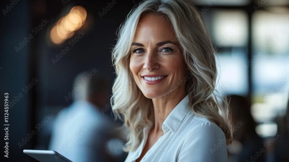 Poster a poised business leader exudes confidence and warmth while engaging with colleagues in a contempora