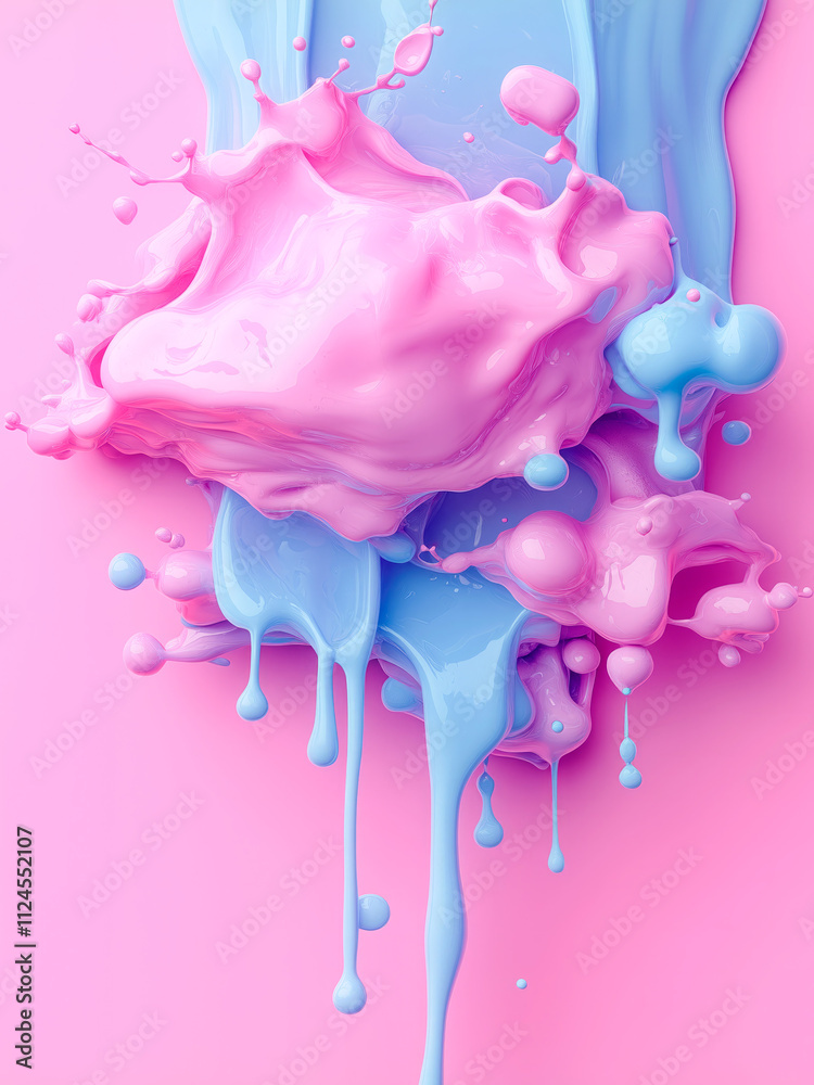 Poster An abstract composition in pastel shades of pink and blue, depicting smooth, flowing shapes with drops and splashes, creating a sense of softness and lightness. Pink and blue colors intertwine, adding