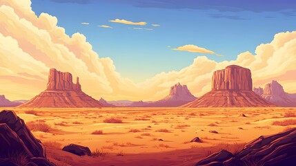 Naklejka premium A wide, empty desert landscape with rocky outcroppings and a pastel-colored sky, lots of open space for creative use