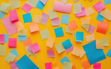 Obraz premium A vision board with motivational quotes and colorful sticky notes on a bright yellow table