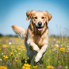 A golden retriever joyfully running through a flower-filled meadow under a bright blue sky.