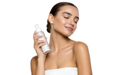 Young beautiful woman holding face toner cosmetic product serum apply skincare routine png