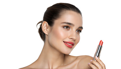 Fototapeta premium Young beautiful woman holding lipstick cosmetic product serum apply skincare routine png