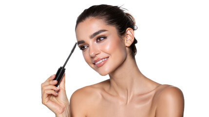 Obraz premium Young beautiful woman holding mascara cosmetic product apply make up routine 