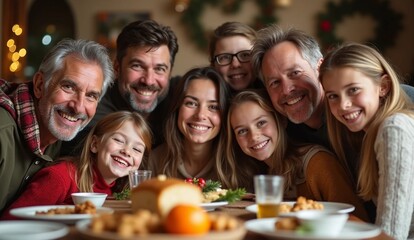 Photo of attractive cheerful big full family take selfie photo meeting eating holiday dinner good mood having fun at home indoors