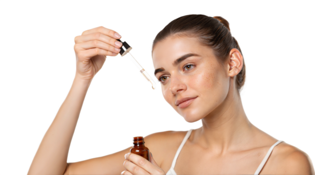 Young beautiful woman holding pipette cosmetic product serum apply face skincare routine png