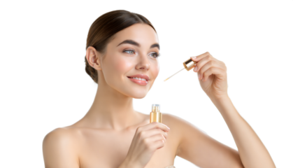 Young beautiful woman holding pipette cosmetic product serum apply face skincare routine 