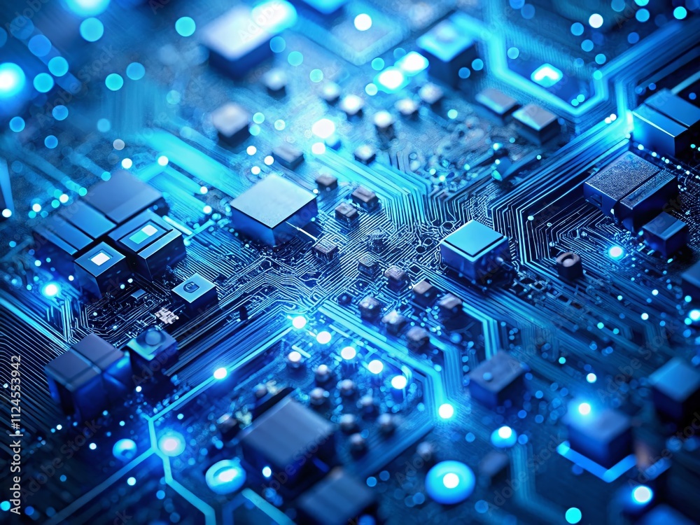 Poster abstract blue technology background with intricate patterns and textures featuring soft light and de