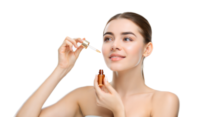 Young beautiful woman holding pipette cosmetic product serum apply face skincare routine 