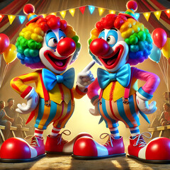 Two vibrant clowns joyfully entertain on a festive stage. Their colorful costumes and playful antics bring a lively atmosphere to the celebration.