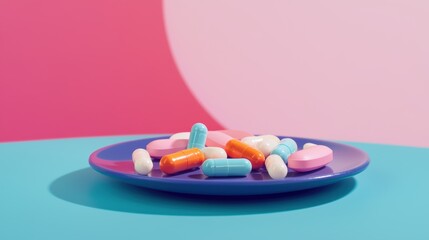 Plate of assorted pills in vibrant colors stark and minimalistic representation of pharmaceutical or dietary supplement usage