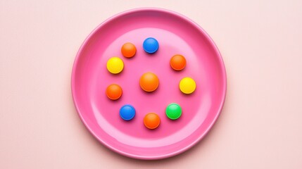 Plate of assorted pills in vibrant colors stark and minimalistic representation of pharmaceutical or dietary supplement usage