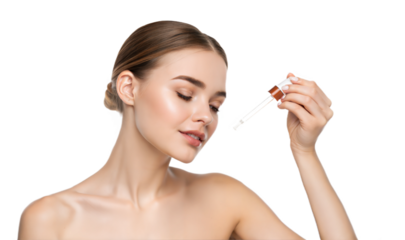 Young beautiful woman holding pipette cosmetic product serum apply face skincare routine clean white background
