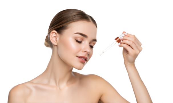 Young beautiful woman holding pipette cosmetic product serum apply face skincare routine clean white background