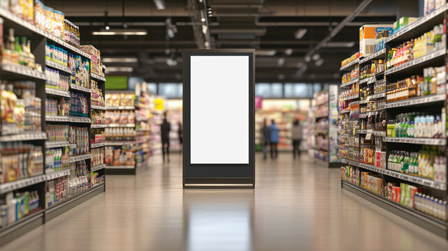 A grocery store aisle featuring shelves stocked with various products and a large blank advertising display, capturing the essence of retail and shopping environments.