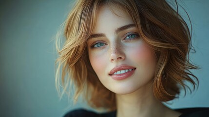 Fototapeta premium Confident Young Woman with Blonde Hair Smiling Joyfully in a Professional Setting Against a Soft Gray Background