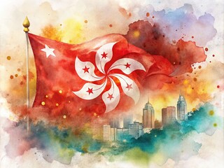Abstract Celebration of Hong Kong's Establishment Day with a Creative Watercolor Background Featuring the National Brush Flag in Macro Photography Style