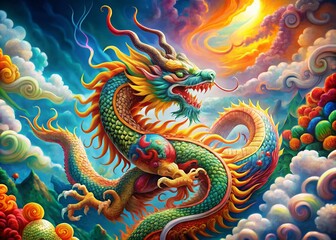 Fototapeta premium Abstract Chinese Dragon Portrait Photography with Dynamic Colors and Intricate Patterns for Enchanting Visuals in Fantasy Art and Cultural Representation