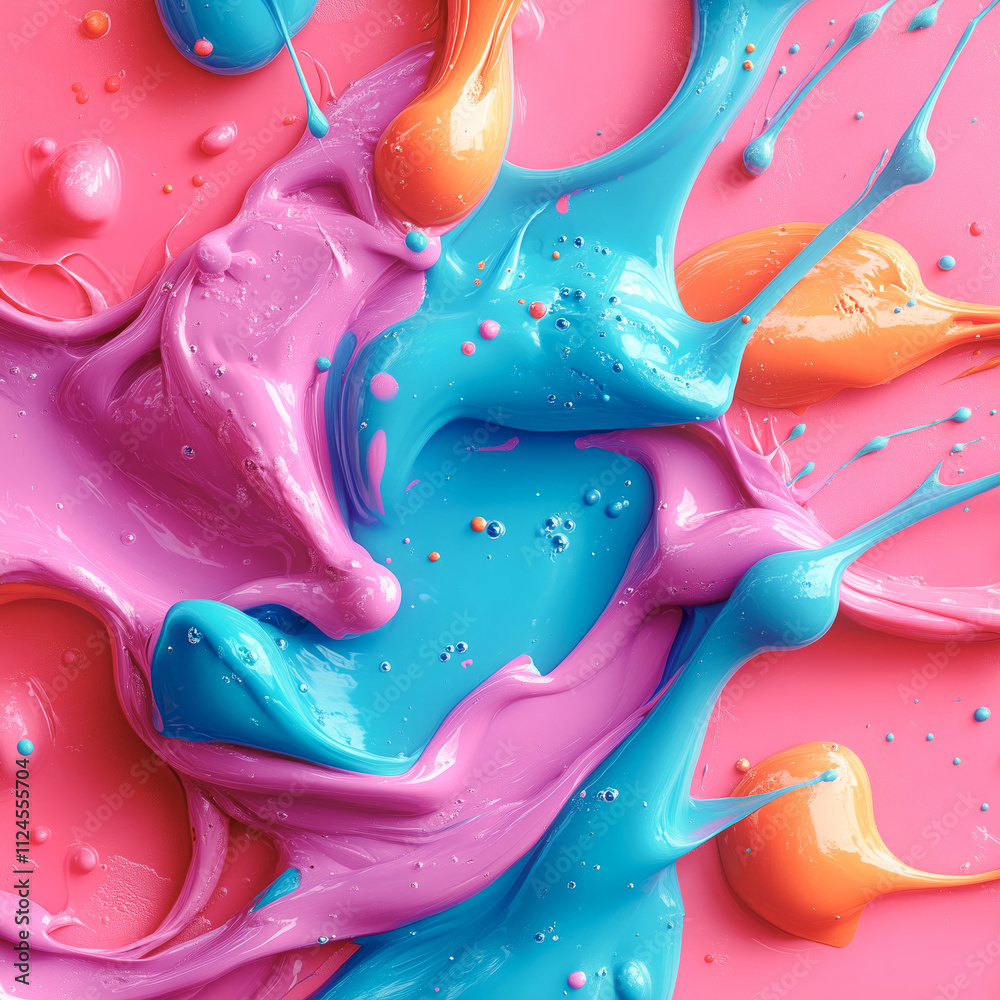 Poster Abstraction with soft, flowing lines in pinks, blues and oranges. Drops and splashes add dynamism, and the harmonious combination of colors creates an effect of lightness and depth