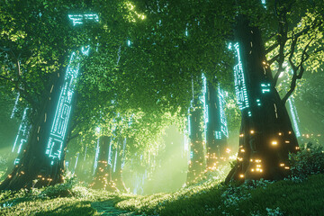 A lush green forest with trees featuring glowing blue lights and futuristic digital elements against soft morning sunlight
