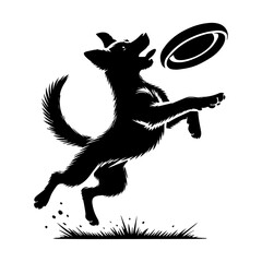 Silhouette of a playful dog jumping to catch a frisbee vector