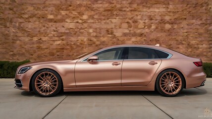 Rose Gold Luxury Sedan Parked Against Brown Wall