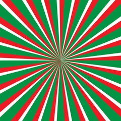 Retro stripes background. Red green pattern. Radiating festive design. Holiday vector illustration.