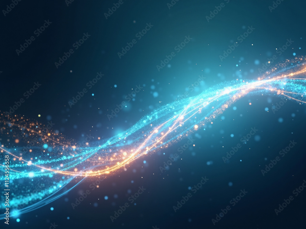Poster an abstract background featuring flowing blue and orange lights with sparkling effects, creating a d
