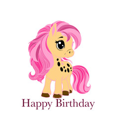 Cartoon pony illustration with pink mane and Happy Birthday text. Perfect for birthday cards, children's designs, and festive decorations. 