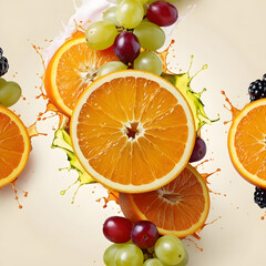 Slices of juicy oranges surrounded by grapes, kiwi, and apple pieces, presented on a light artistic background