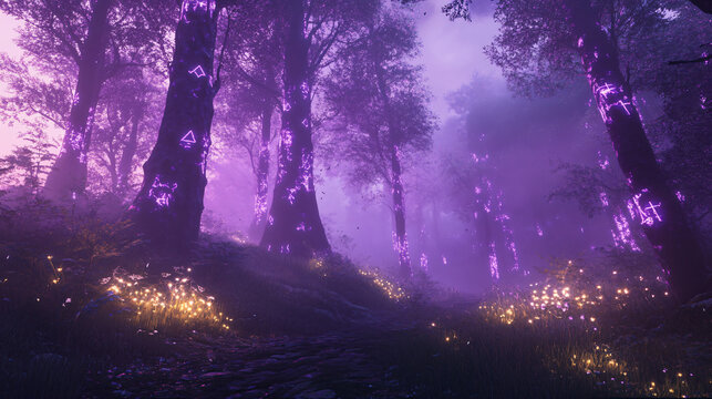 A mystical purple forest with towering trees, glowing with magical runes and soft mist floating through the air.