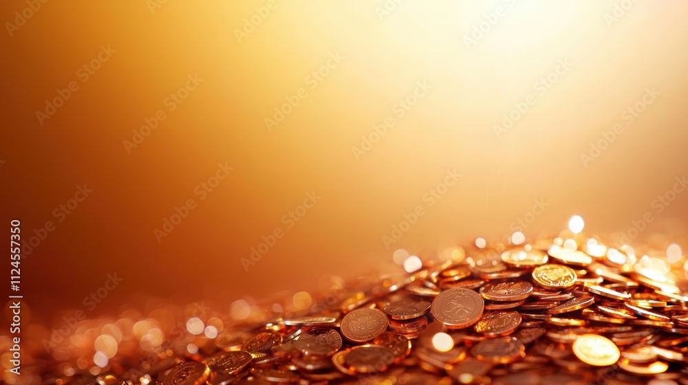 Poster decorations for spring festival concept. a shimmering pile of coins glimmers against a warm golden b