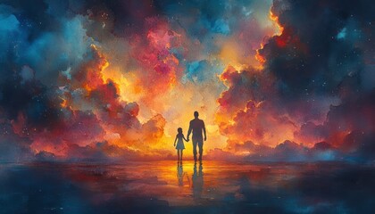 Fototapeta premium Family Holding Hands in Prayer with Jesus Christ Digital Watercolor Painting