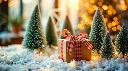 miniature evergreens surround a wrapped gift artificial snow