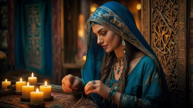 A beautiful expressive young fortune teller at her table
