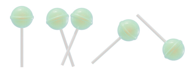 a collection of 3d cute green candies or lollipops on an isolated background, fun-loving lollipop design elements