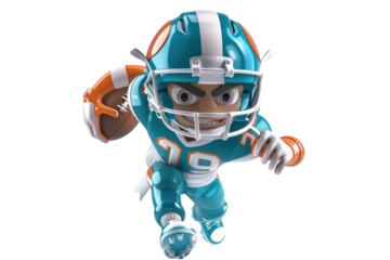 A Vibrant 3D Render of a Cartoon Football Player Expressing Enthusiasm on the Field for Sports Related Media