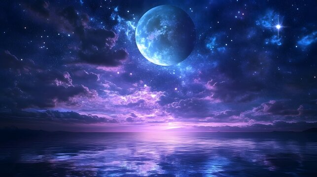 A night sky filled with stars and a glowing moon, dark blue and purple tones with vast empty space above the horizon