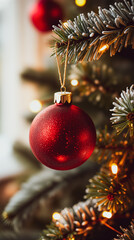 red glass ball ornament on a decorated tree branch